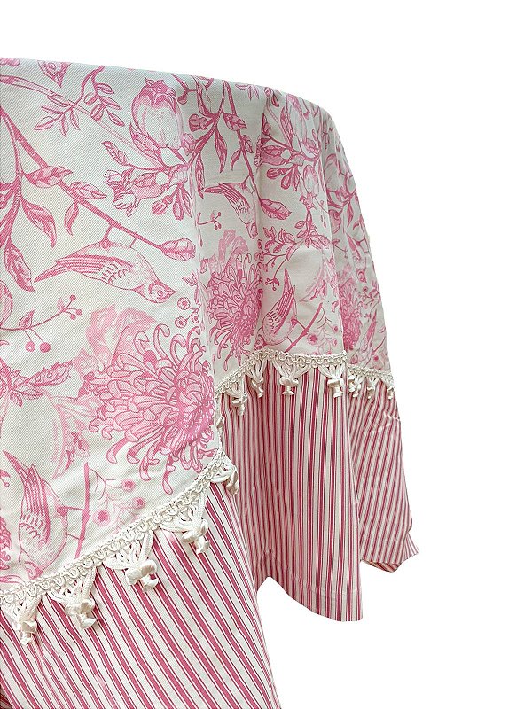 Toalha de mesa pássaros e romãs rosa quadrada