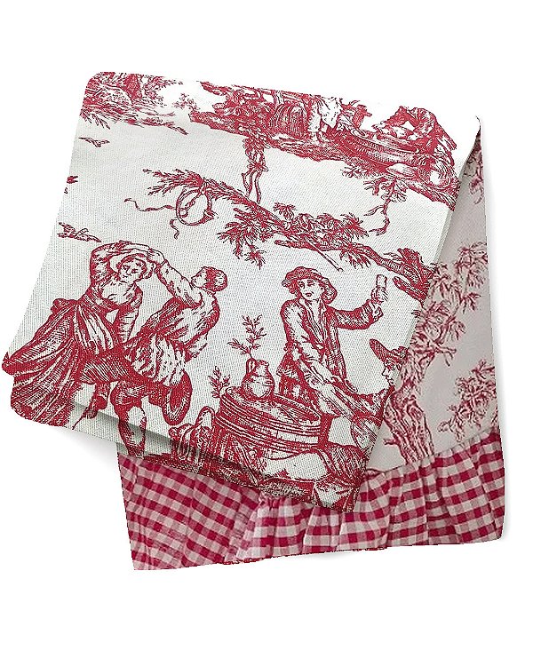 Toalha de mesa toile de jouy vermelho com babado xadrez vermelho 2,45x1,70 total