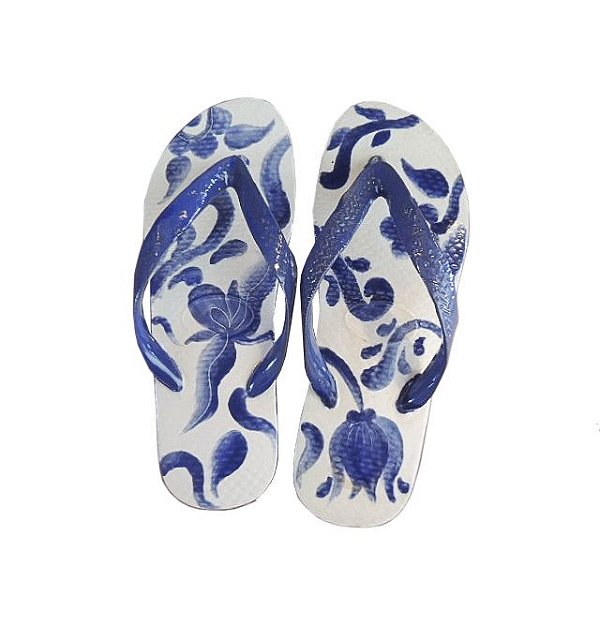 Chinelo de faiança flores azuis artsy