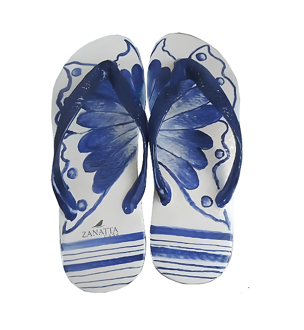 Chinelo de cerâmica desenho borboleta azul e branco