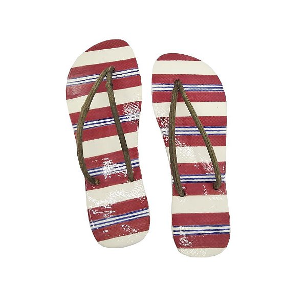 Chinelo de cerâmica G listra grossa vermelha e risco azul alça madeira