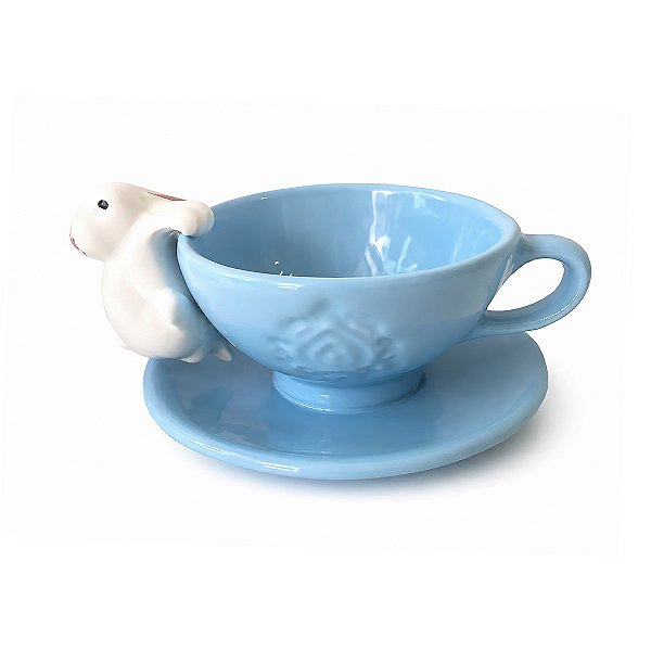 Xícara azul com Coelho de Cerâmica