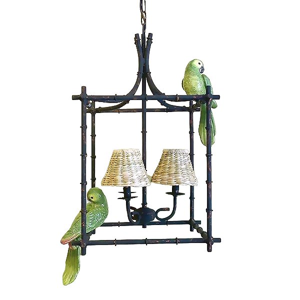 Lustre gaiola faux enferrujada com pássaros verdes