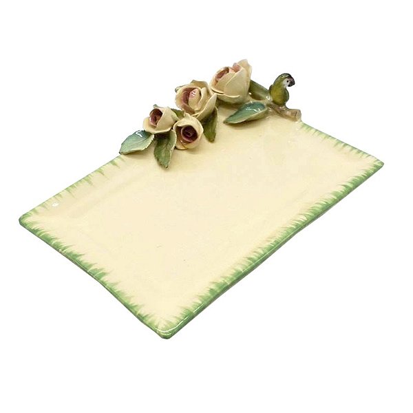 Bandeja Retangular pássaro punta e rosas 15 x 23,5cm