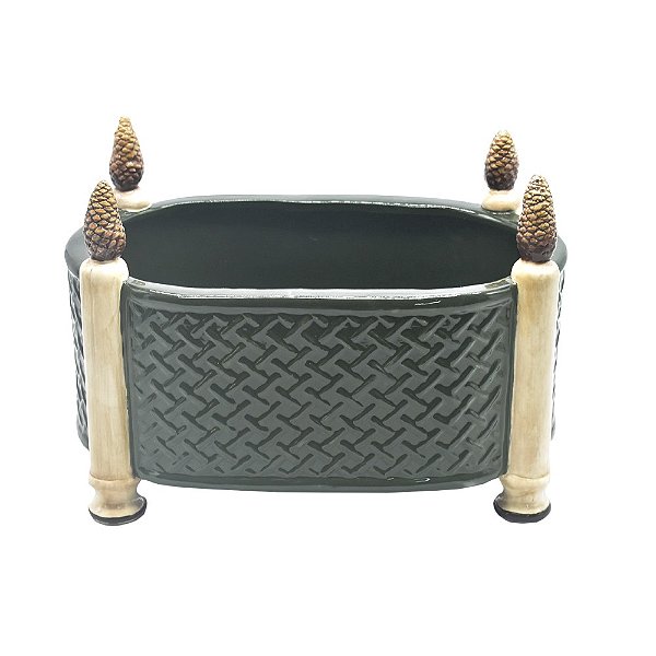 Cachepot verde dark com colunas e pinhas