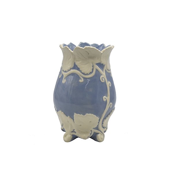 Vaso azul com folhas de uva faiança (19 cm altura)