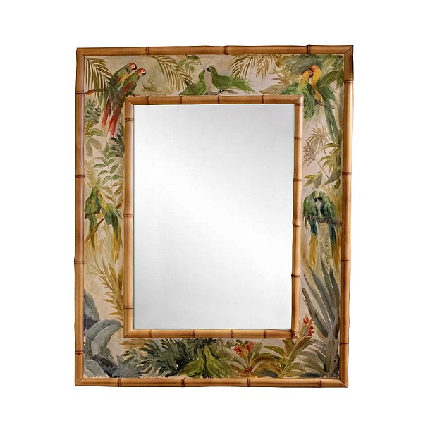 Espelho de bambu natural com pintura de pássaros e araras