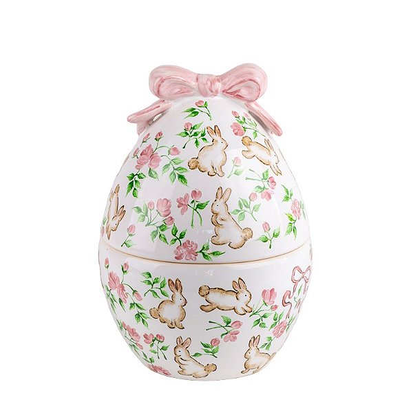 Pote ovo médio com desenho coelhos e laço rosa
