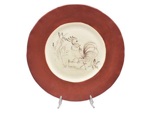 Prato raso com borda Rouge de fer e desenho galo sépia
