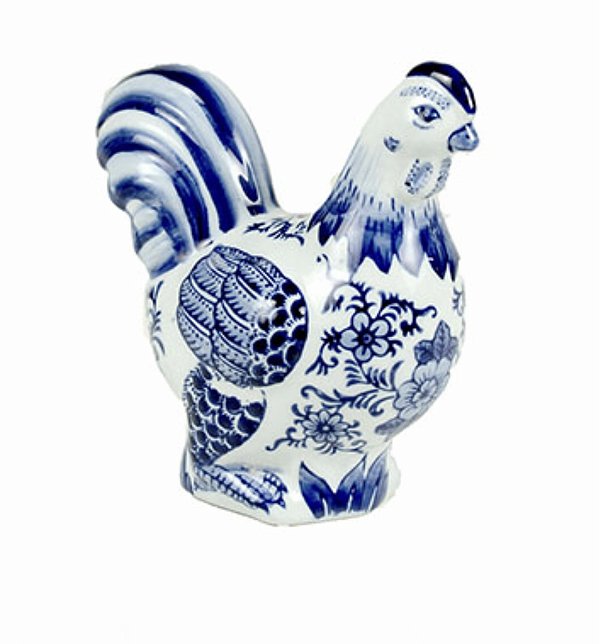 Galo decorativo de porcelana azul e branco