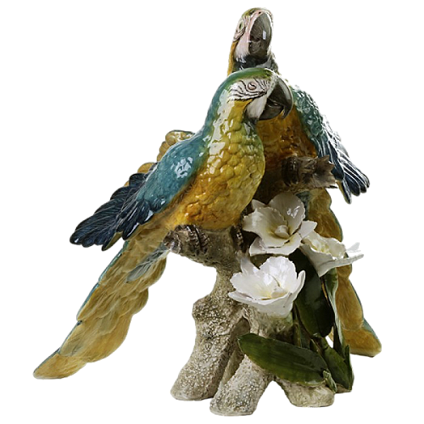 Casal de arara Canindé no tronco com orquídeas