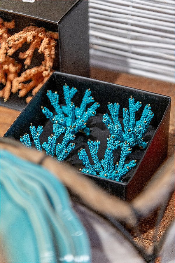 Porta guardanapo coral miçangas turquesa (jogo 4)
