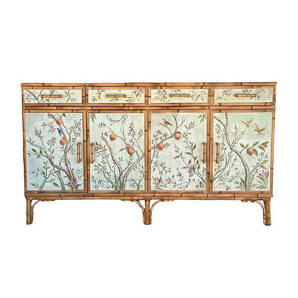 Buffet de bambu e palha buriti pintura de frutas e pássaros 1,5m