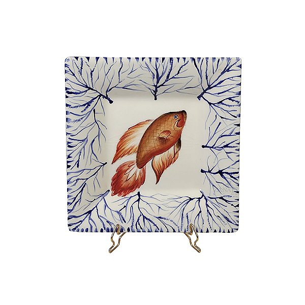 Cinzeiro quadrado com pintura de peixe e corais