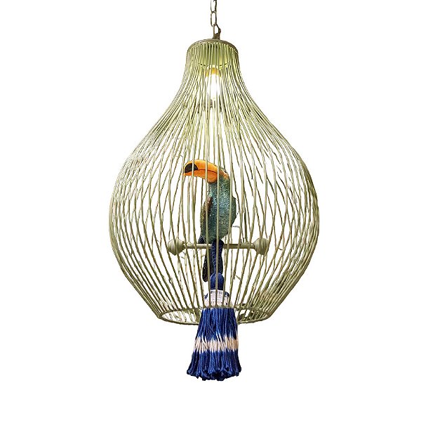 Lustre Gaiola de ferro com tucano de cerâmica