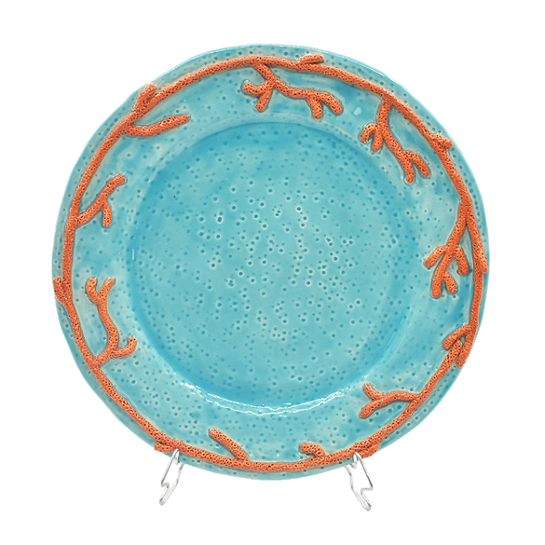 Sousplat azul com aplicação de coral laranja