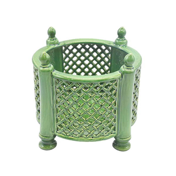Cachepot verde redondo vazado com colunas