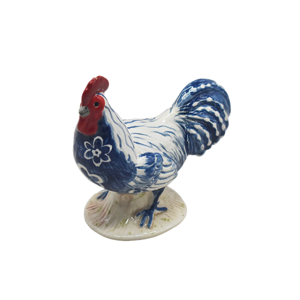 Enfeite de galo azul e branco com flores