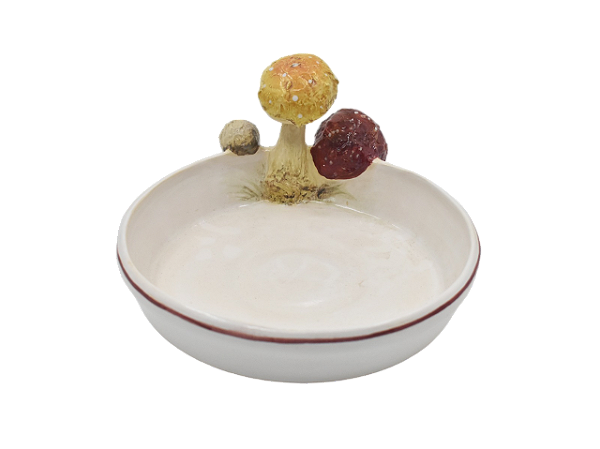 Travessa redonda branca P com cogumelos na borda