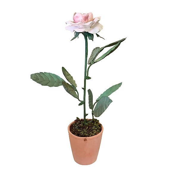 Vaso terracota com rosa de cerâmica e folhas de cobre (22256)