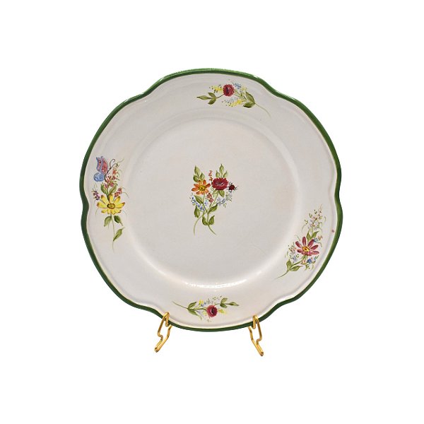 Prato sobremesa Florence com desenho flores e friso verde
