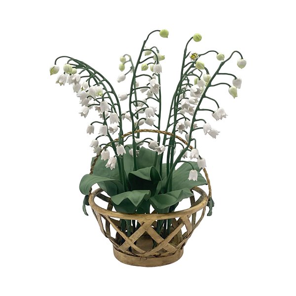 Vaso cestinha em cobre com flor de muguet em cerâmica