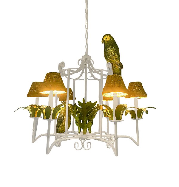 Lustre gaiola branco com folhagens e pássaros verdes