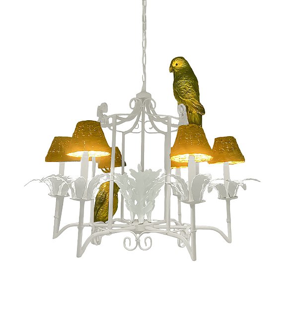 Lustre gaiola com folhagens brancas e pássaros verdes