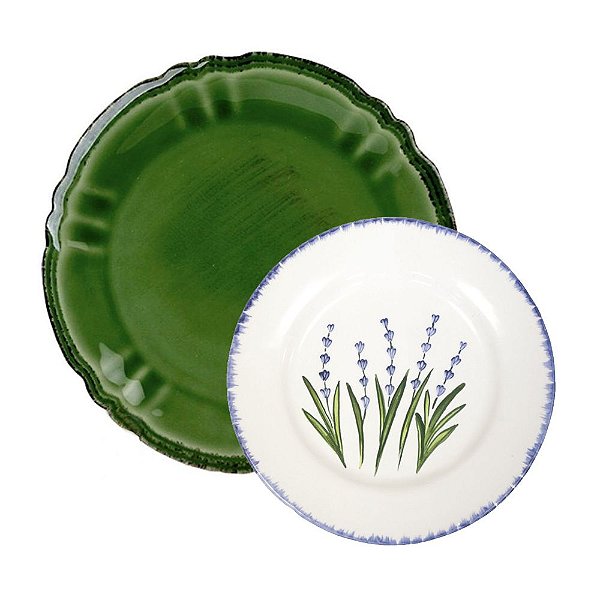 Conjunto Prato raso Verde Patina e de sobremesa Lavanda