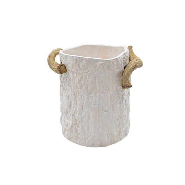 Vaso tronco off white com alças madeira M