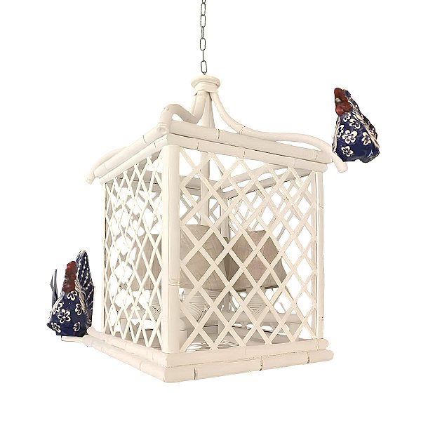 Lustre gaiola treliça P branca com galo azul