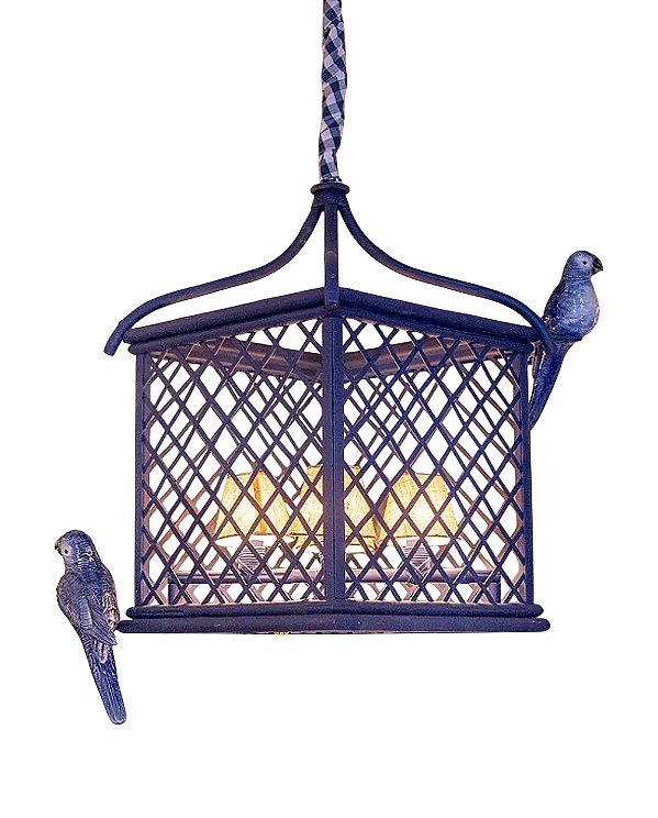 Lustre gaiola treliça G azul com pássaros