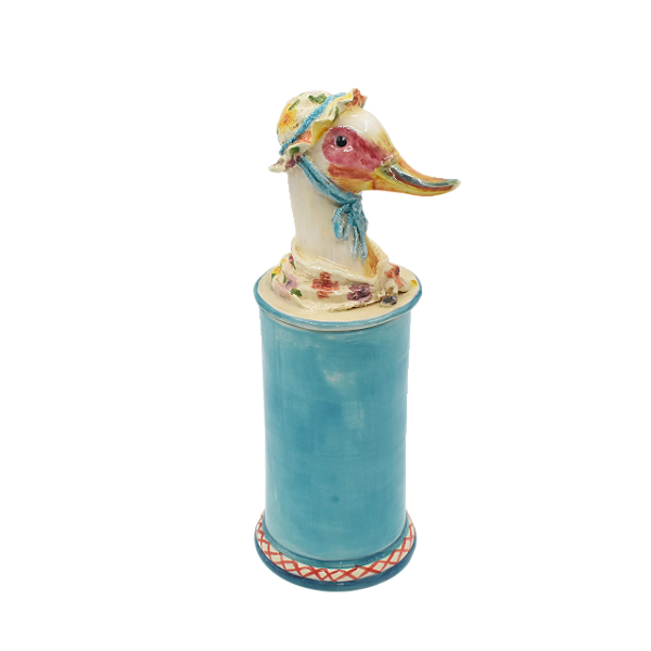 Pote alto turquesa com pato na tampa
