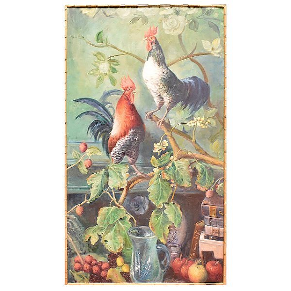 Quadro de galos no galho com frutas