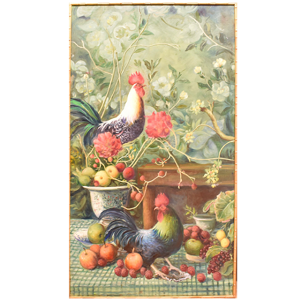 Quadro de galos na mesa com frutas