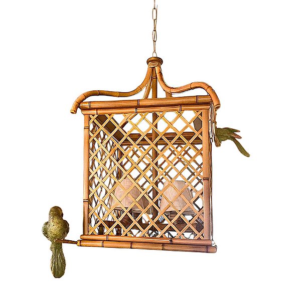Lustre gaiola treliça bambu com pássaros