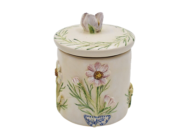 Pote porta cotonete com aplicação flores cosmos