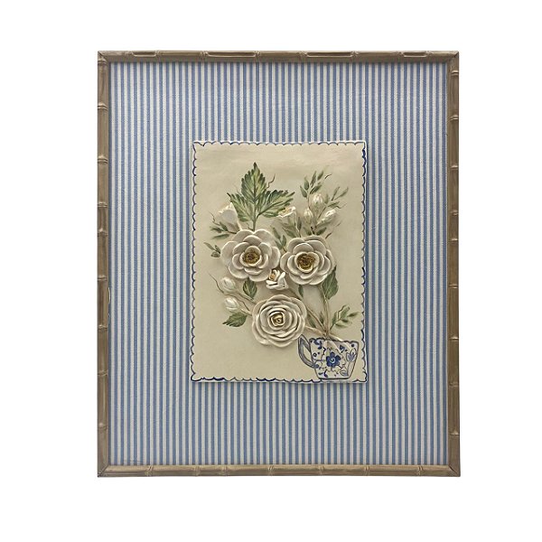 Quadro com relevo de flores e tecido listrado 3