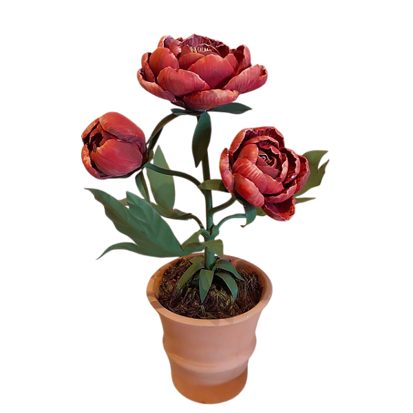 Bonsai de cobre com flores vermelhas