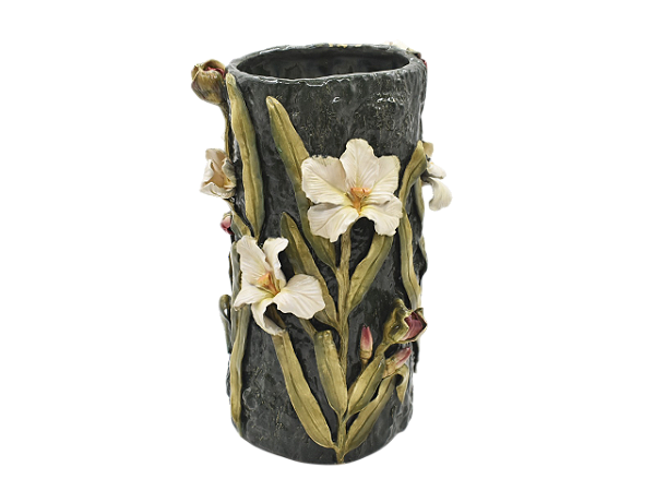 Vaso tronco fino com flores de íris aplicadas
