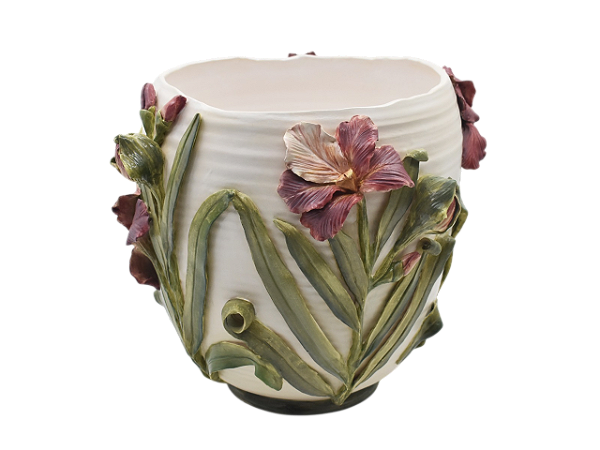 Vaso branco com flores de íris aplicadas