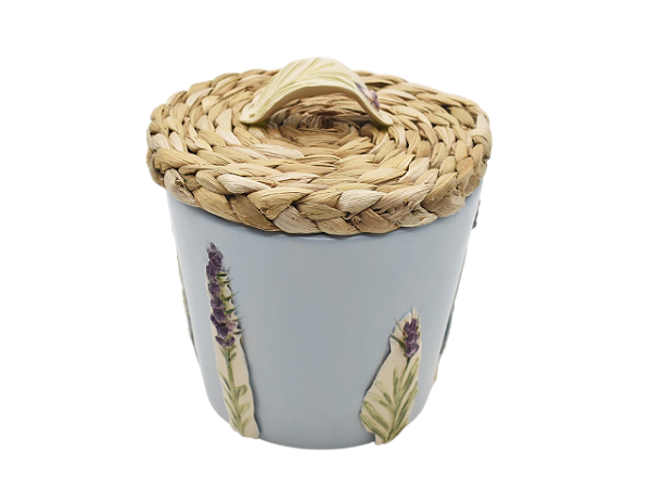 Lixeira com aplicação de lavanda e tampa de taboa