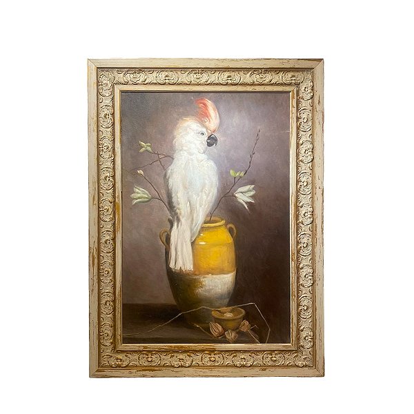 Quadro pintura à óleo calopsita com vaso