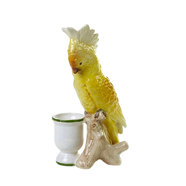 Cacatua amarela no tronco com vasinho