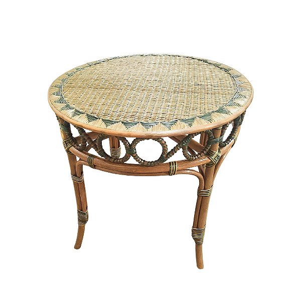 Mesa redonda em junco trabalhada com detalhes em verde (90 cm)