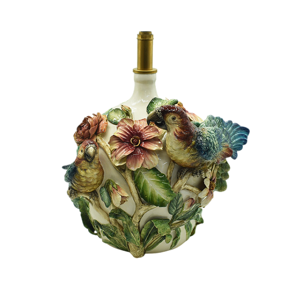 Base abajur garrafão com aplique de folhas, flores e araras