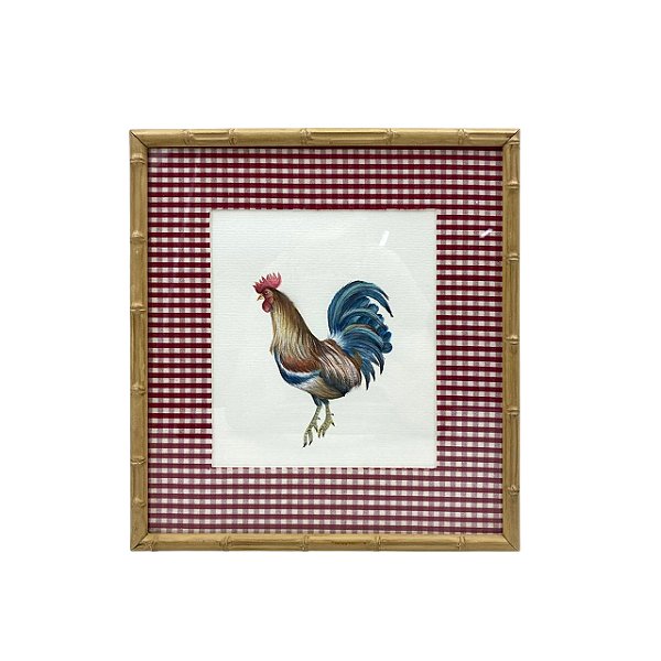 Quadro aquarela galo com tecido Vichy vermelho