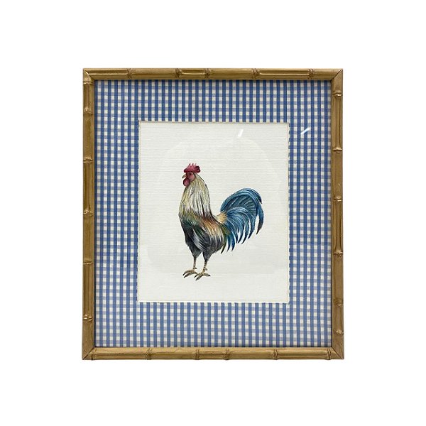 Quadro aquarela galo com tecido Vichy azul