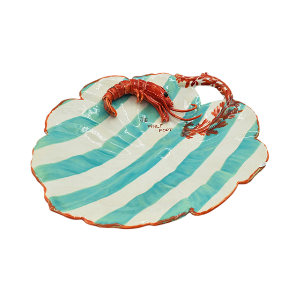 Folha listrada turquesa com aplique de camarão vermelho