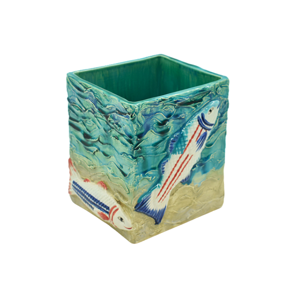 Vaso quadrado turquesa com aplique de peixe